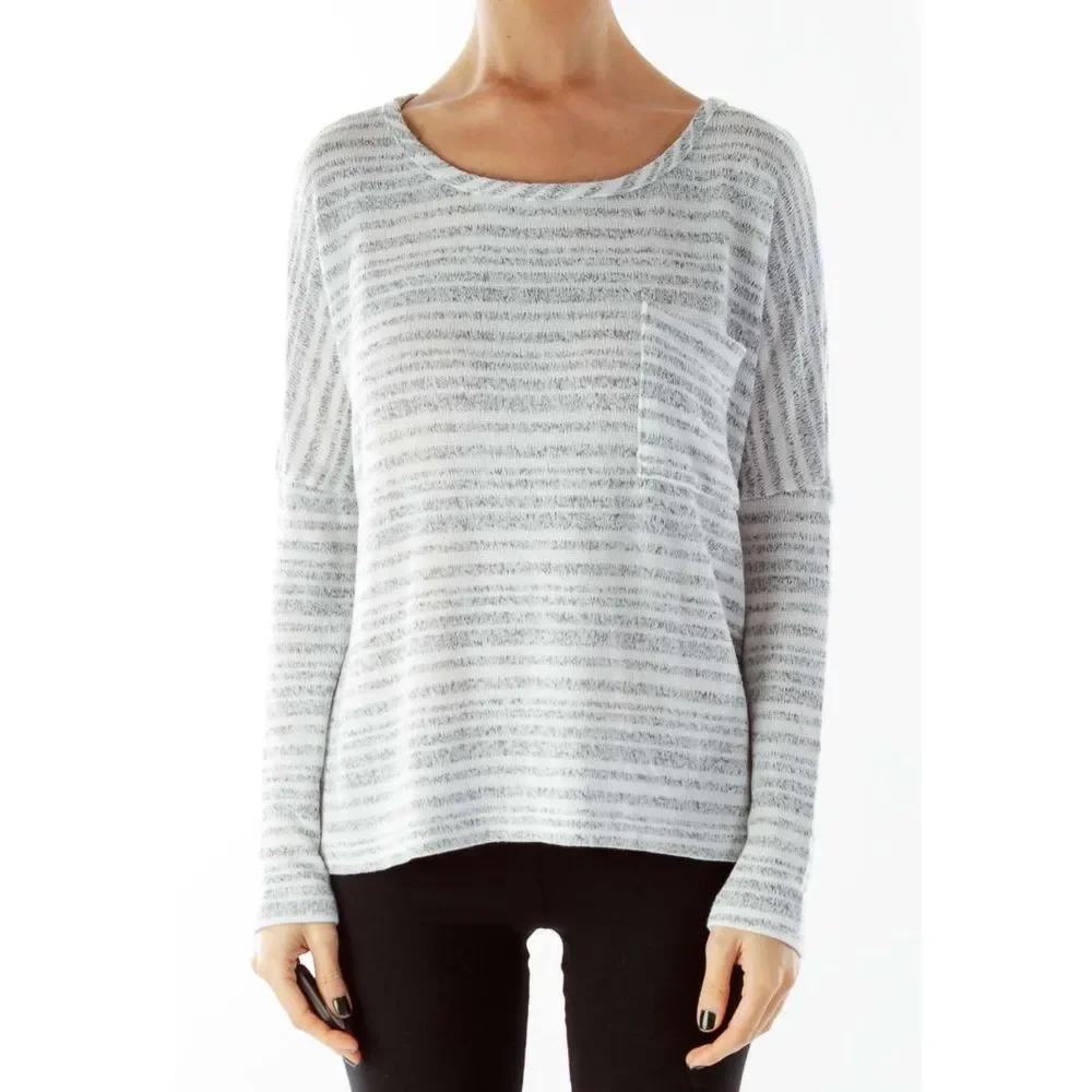 NWOT Sparkle & Fade Gray Striped Pocketed Loose Knit Top - Picture 1 of 5
